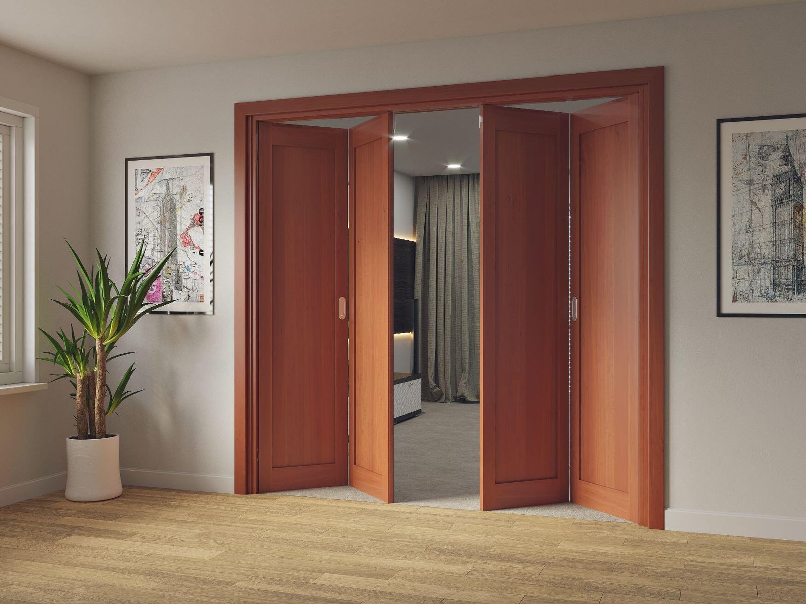 Doors Plus Shaker Zone Timber Dark Maple 4x Panel Bifold 19 Design Mirror on one side for bedrooms